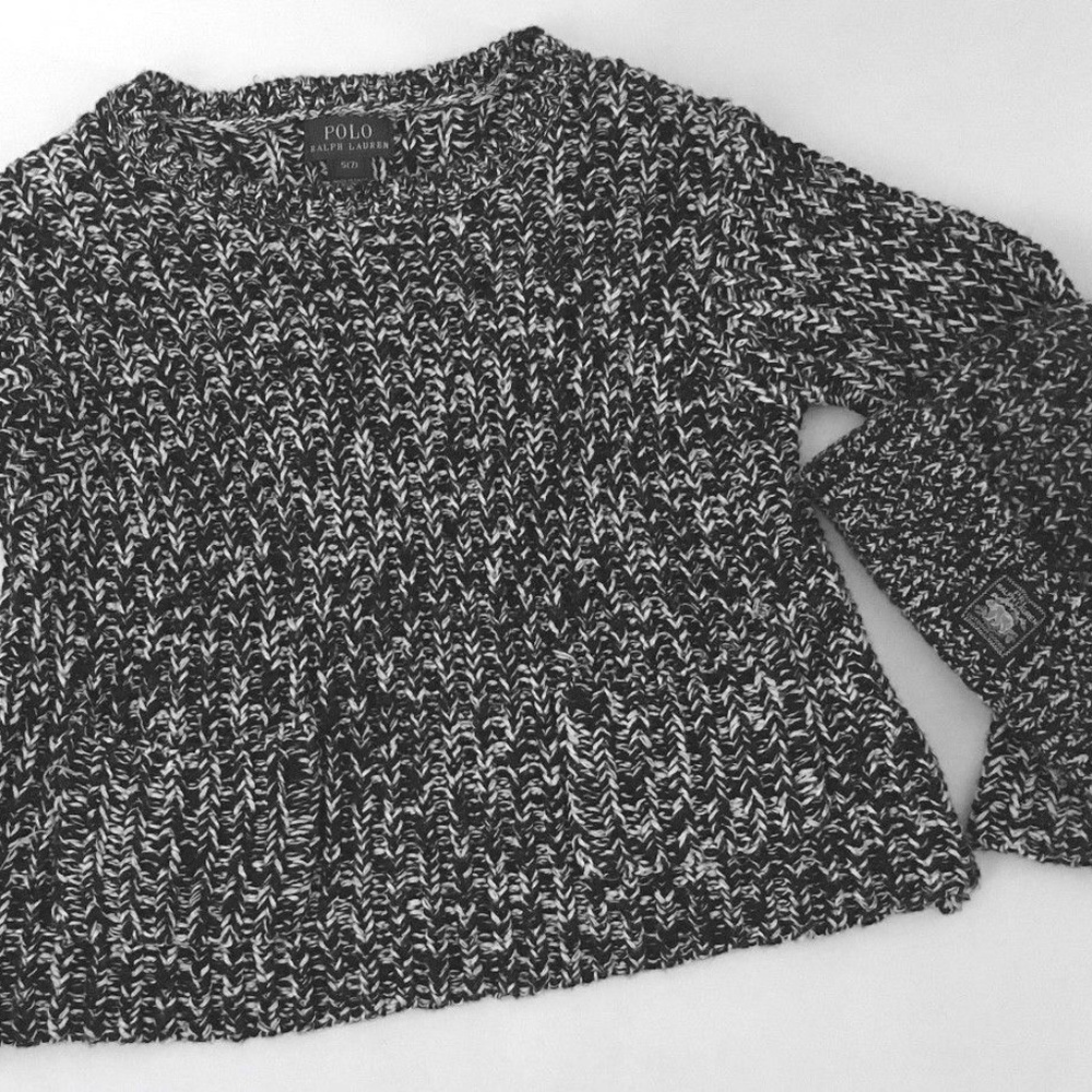 RALPH LAUREN Girls Ragg SWEATER Pom Pom HAT Sz 7 Salt Pepper Marled Set